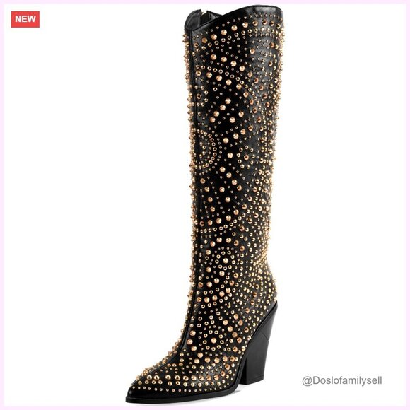 Shoes - Pointed Toe Chunky Heel Studded Knee-High Boots, Size 5-12, Non-Slip Sole